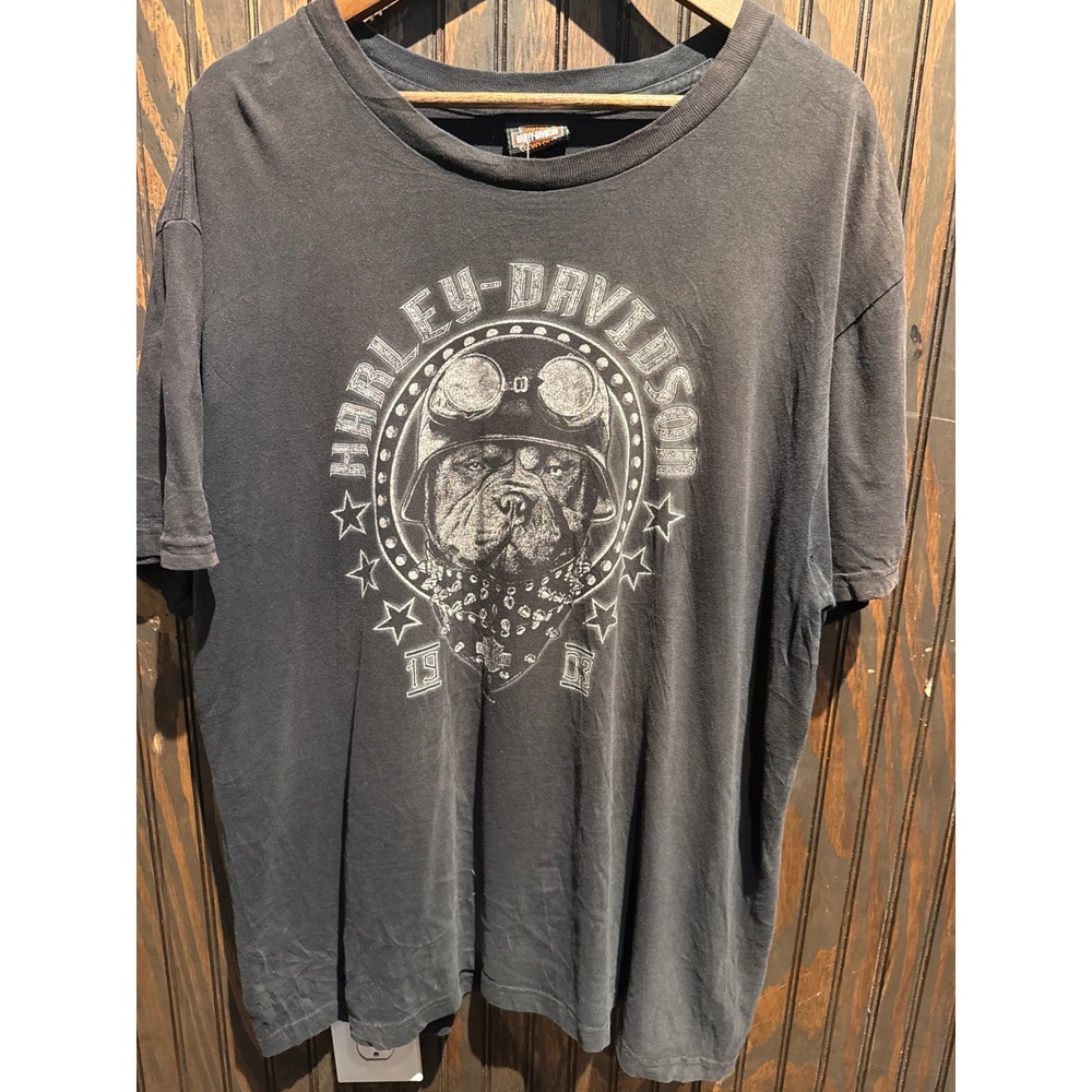 Harley Davidson Bulldog Biker Graphic T-Shirt Faded Black Mens XL 25x32 Vintage